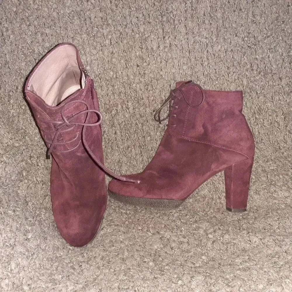 GADEA-Plum Suede Lace-Up/Side Zip-Ankle Booties-Block Heel-Sz 37-Near Mint
